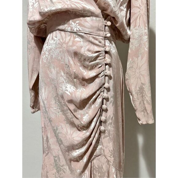 Vintage 80s Blouson Jacquard Drape Midi Dress Sz S Powder Pink Elegant Ladylike - Picture 7 of 9